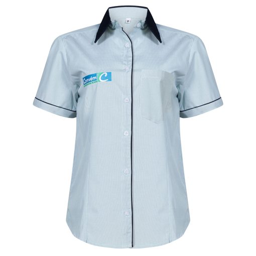 CAMISA MASCULINA LISTRA VERDE COM GOLA E VIES MARINHO - HORTIFRUTI CONVÉM