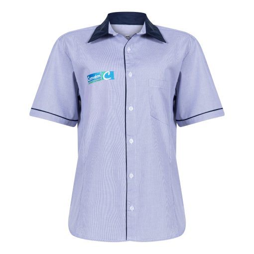 CAMISA FEMININA LISTRA ROYAL VIES E PÉ DE GOLA MARINHO - FRENTE DE CAIXA CONVÉM